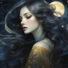 Woman with Wavy Hair Merging into Night Sky and Crescent Moon