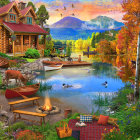 Serene lakeside scene with cabin, canoes, wildlife, and autumn sunset.