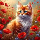 Fluffy ginger cat with blue eyes in red poppies and greenery