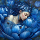 Tranquil nature scene with woman, blue flowers, petals, and insects