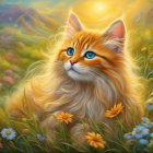 Fluffy Orange Cat with Blue Eyes in Flower Field