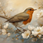 Robin perched on branch with white blossoms on beige background