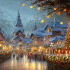 Snow-covered Christmas village with glowing decorations and festive atmosphere