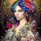 Surreal portrait of woman with blue hair and vibrant floral adornments surrounded by cosmic swirl