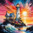 Colorful sunset scene with lighthouse, house, flowers, waves, abstract sky