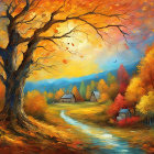 Colorful autumn landscape with large tree, river, cottages, and warm sky