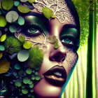 Digital artwork featuring woman's face with green foliage and lace patterns against bamboo backdrop