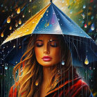 Woman standing under colorful umbrella with closed eyes in rainstorm