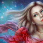 Digital painting: Woman with flowing hair, red scarf, whimsical background.