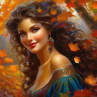 Smiling woman with curly hair in teal dress among autumn leaves