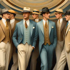 Vintage Style Illustration: Seven Men in Light-Colored Suits and Fedoras