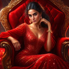 Captivating woman in sparkling red gown on ornate throne