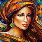 Colorful Geometric Painting of Woman with Headscarf and Earring