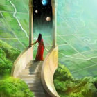 Woman in long dress on fantastical staircase with lantern in dreamlike forest