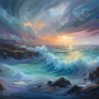 Dramatic seascape painting with turbulent waves and sunset sky