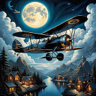 Vintage plane flying over lakeside village, mountains, pine trees, full moon.