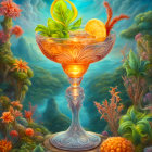 Ornate glass with fruits in vibrant underwater scene