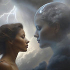 Woman and celestial-headed humanoid under stormy sky with lightning