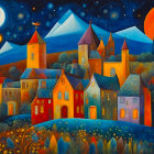 Vibrant village painting with colorful houses and castles under starry sky