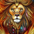 Majestic lion artwork with golden ornate patterns and jewelry