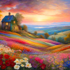 Colorful Flower Fields Surround Quaint Cottage at Sunset