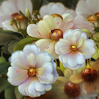 Detailed Illustration of White and Cream Flowers with Lush Green Foliage