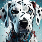 Close-up Dalmatian with blue eyes in red and white paint backdrop