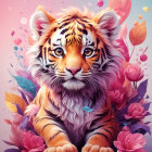 Vibrant Tiger Cub with Flowers and Leaves in Whimsical Scene