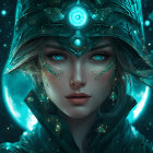 Mystical female figure with teal eyes and elaborate headpiece in starry aura