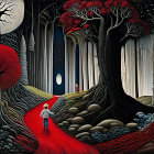 Surreal red-leaved forest with moonlit path and figures