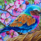 Colorful Bird Illustration Among Cherry Blossoms in Blue, Orange, and Pink