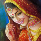 Traditional South Asian Bridal Attire with Henna Designs and Gold Jewelry