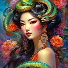 Illustrated woman with striking makeup, orange flowers, and green snakes in dark hair