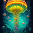 Vibrant orange jellyfish in blue ocean scene