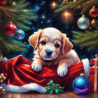 Adorable Puppy in Santa Hat with Christmas Decorations