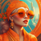 Digital artwork of woman in ornate golden headwear and orange-tinted sunglasses against stylized background