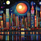 Colorful Night Cityscape with Starry Sky and Yellow Moon