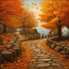 Tranquil Autumn Scene: Cobblestone Path, Golden Trees, Lake View