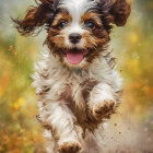 Brown and White Fluffy Puppy Playing in Field of Yellow Flowers