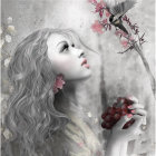 Illustrated woman with long wavy hair among cherry blossoms in snowscape