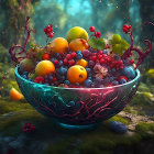 Vibrant mixed fruits in a mossy bowl with enchanted forest background