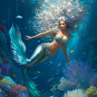 Mythical mermaid with long hair swims among coral reefs