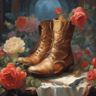 Worn leather boots with floral embossing among blooming roses