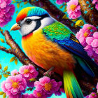 Colorful Bird Illustration Perched on Branch with Pink Blossoms