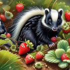 Skunks in Greenery with Strawberries and Dew Droplets