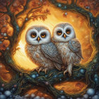 Illustrated Owls with Intricate Feather Patterns on Autumn Branch