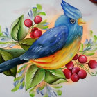 Colorful Bird Illustration with Blue, Yellow, and Green Feathers on Branch