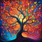 Colorful autumn tree illustration with swirling pattern in warm hues