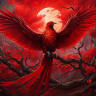 Red bird with outstretched wings in vibrant forest with full moon