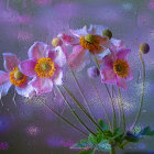 Colorful digital artwork: Purple and blue flowers with dewdrops in a mystical haze